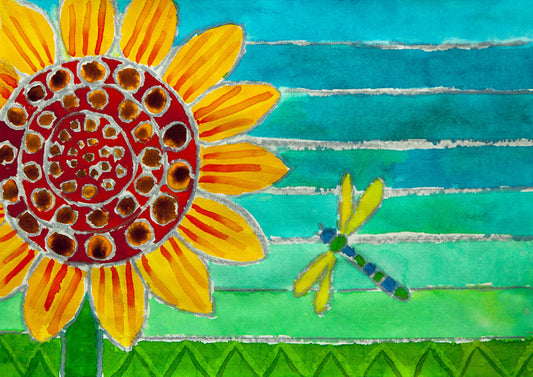 Sunflower in Green Field with Dragonfly